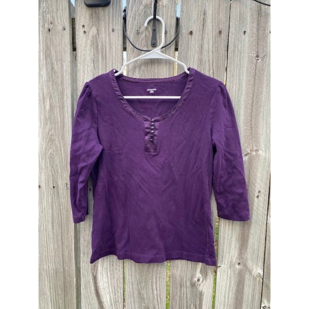 St Johns Bay Purple 3/4 Sleeve Cotton Knit Top Satin Trim Henley Womens Medium